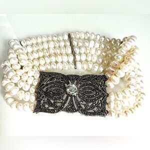 Timeless Pearl Blue Topaz and Marcasite floral beads bracelet